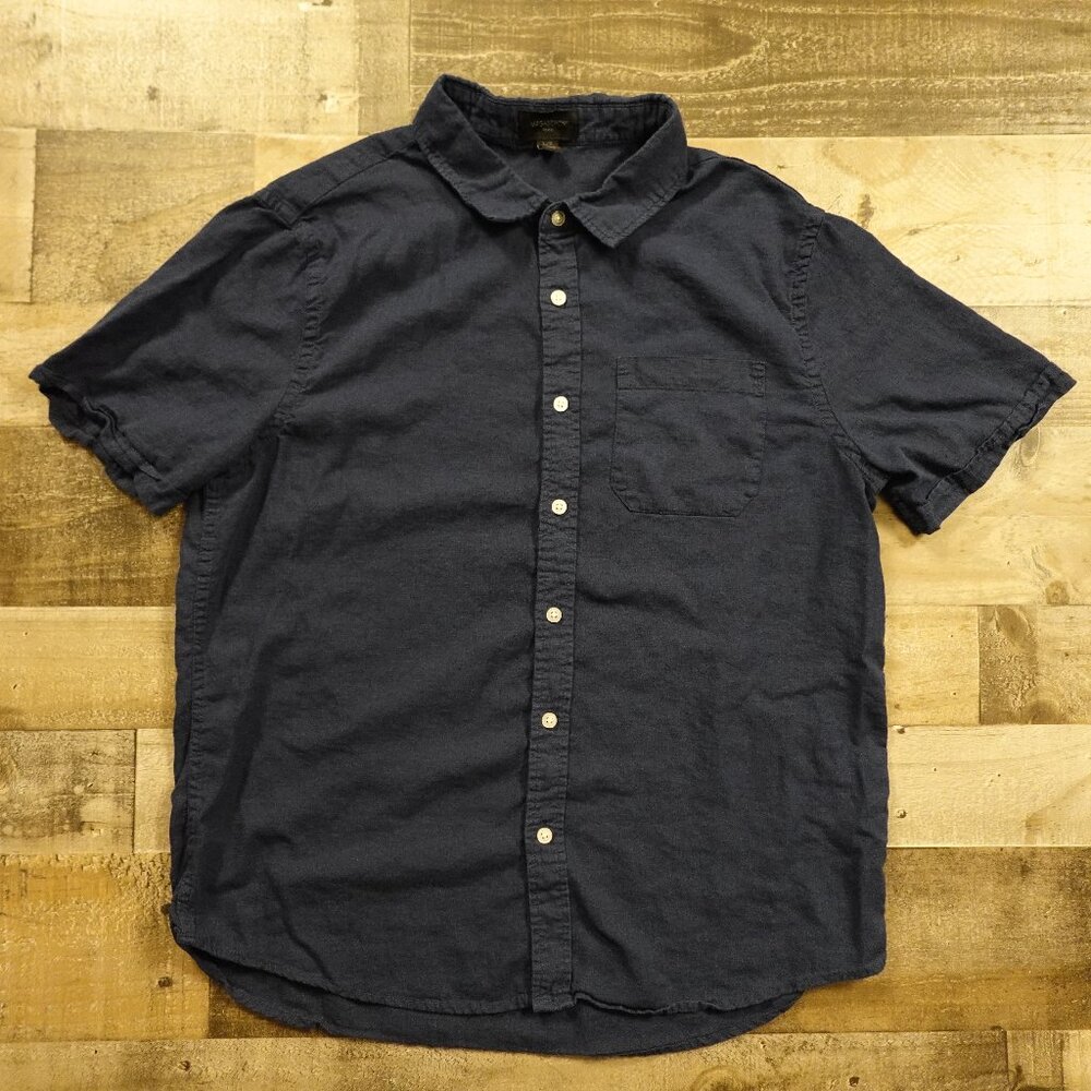 Magaschoni Man Linen Short Sleeve‎ Button-Up Shirt Men’s L Navy Luxury Minimal